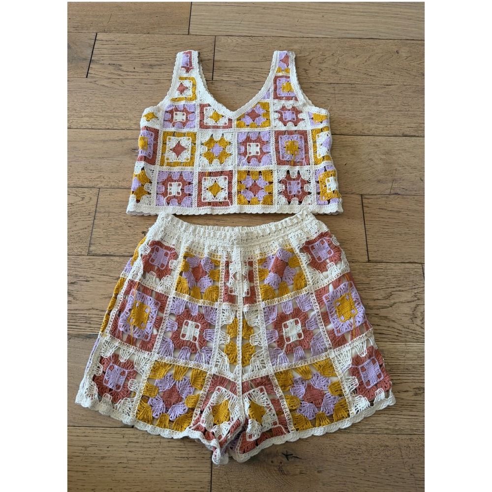 Crochet Two-Piece Tank & Shorts Set - White with Mustard and Mauve